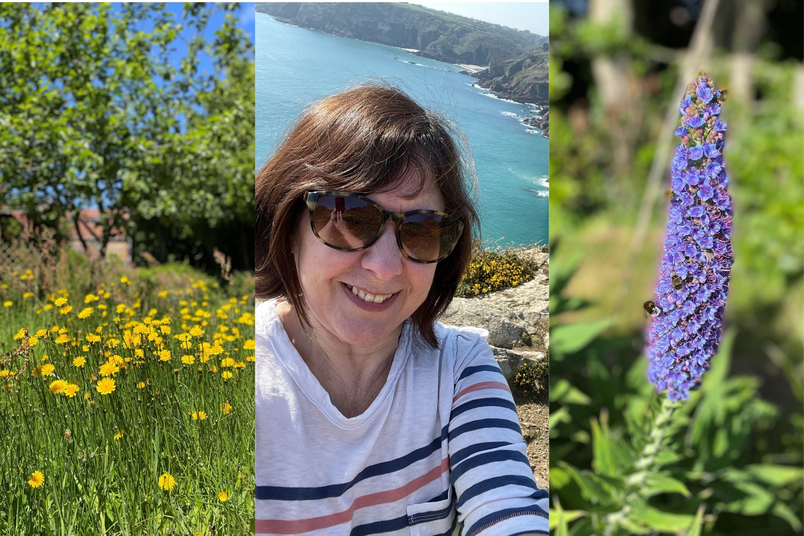 A collage featuring Tracey O'Neill on a walk.