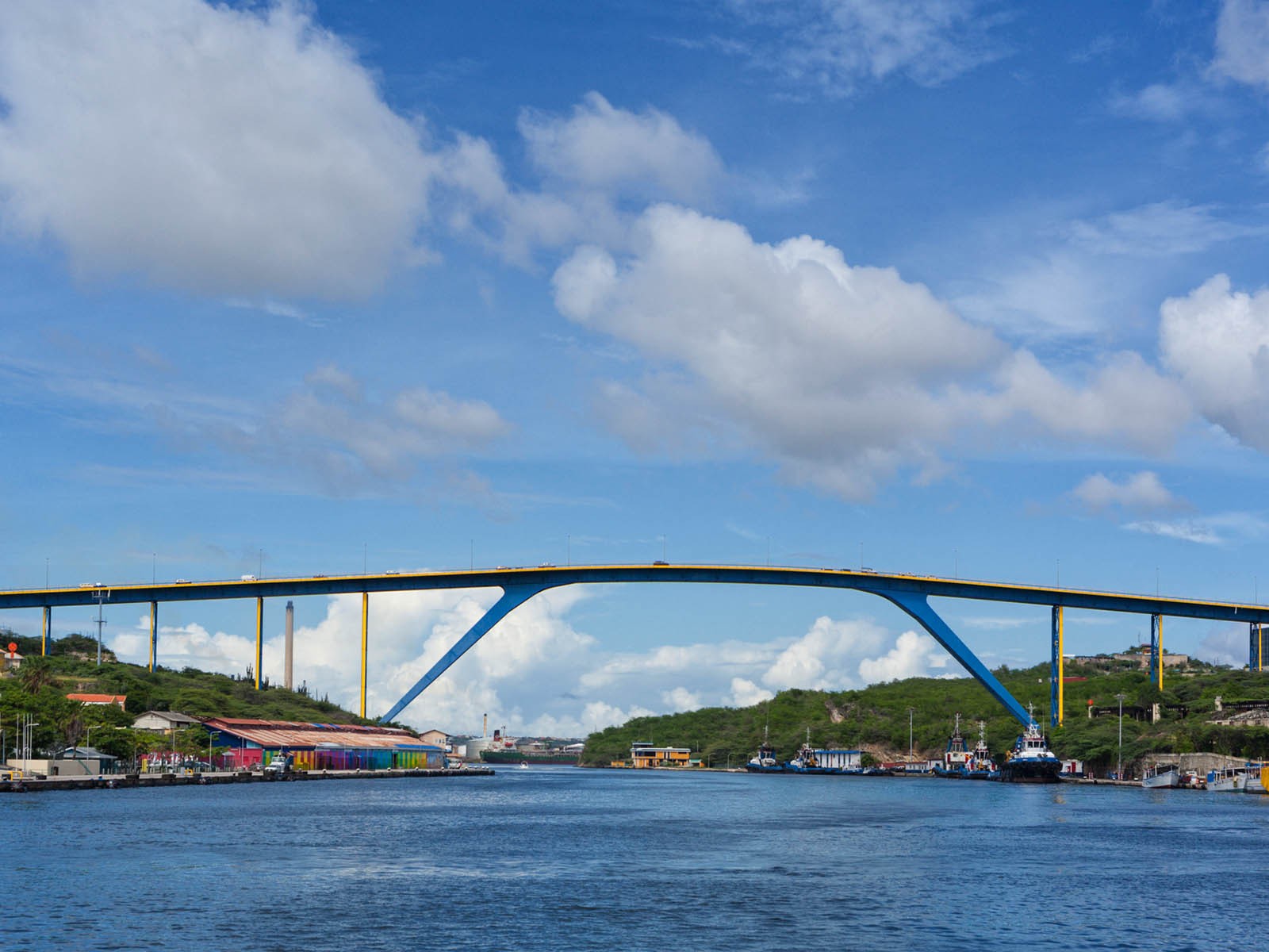 A river with a large bridge going over the top.