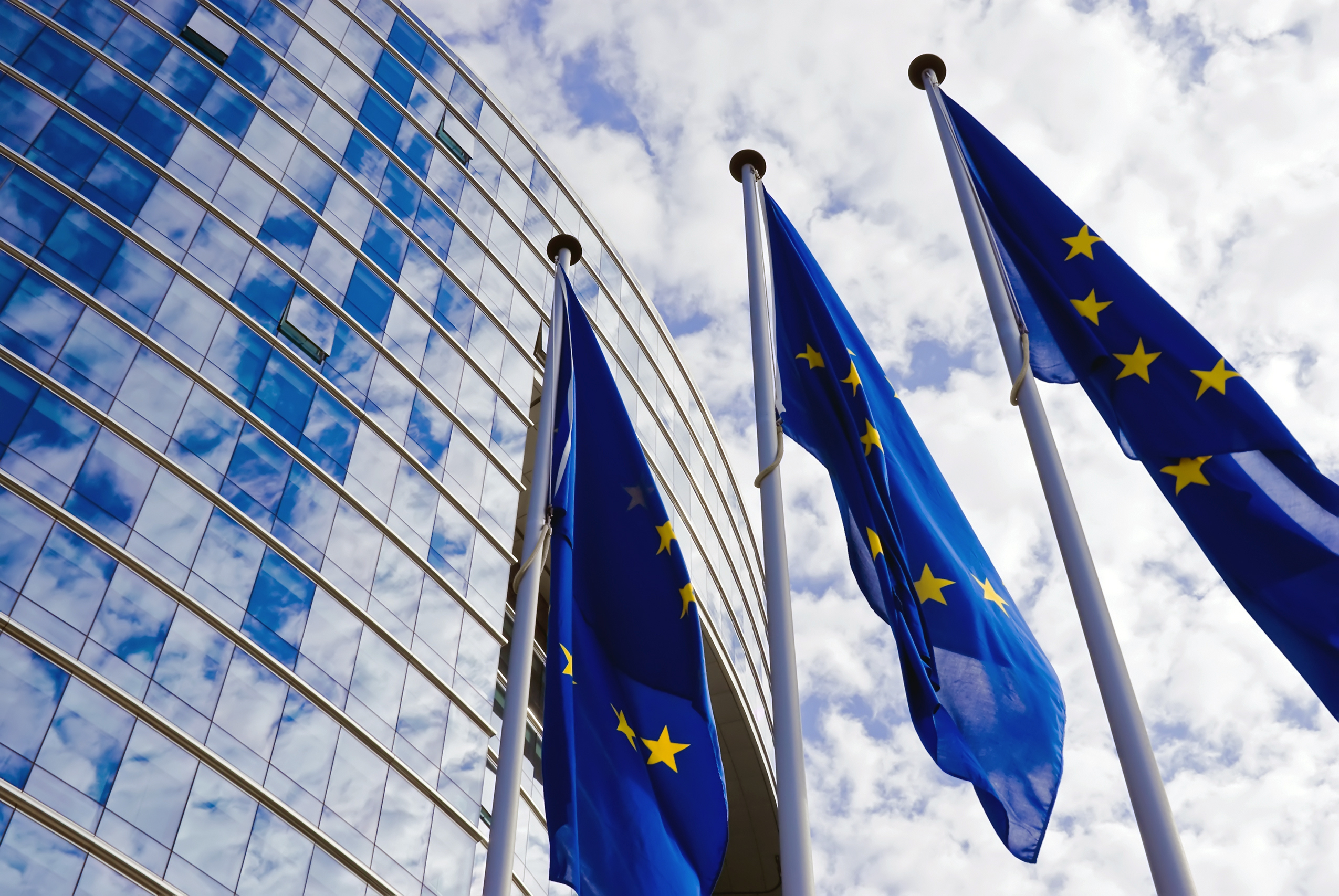 EU Flags Outside Skyscraper